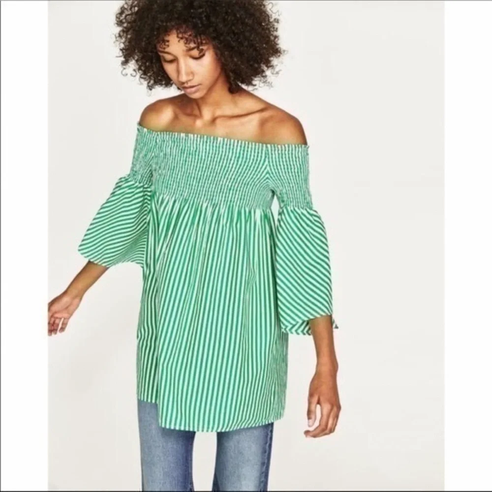NWT Zara Green & White Striped Off The Shoulder Tunic